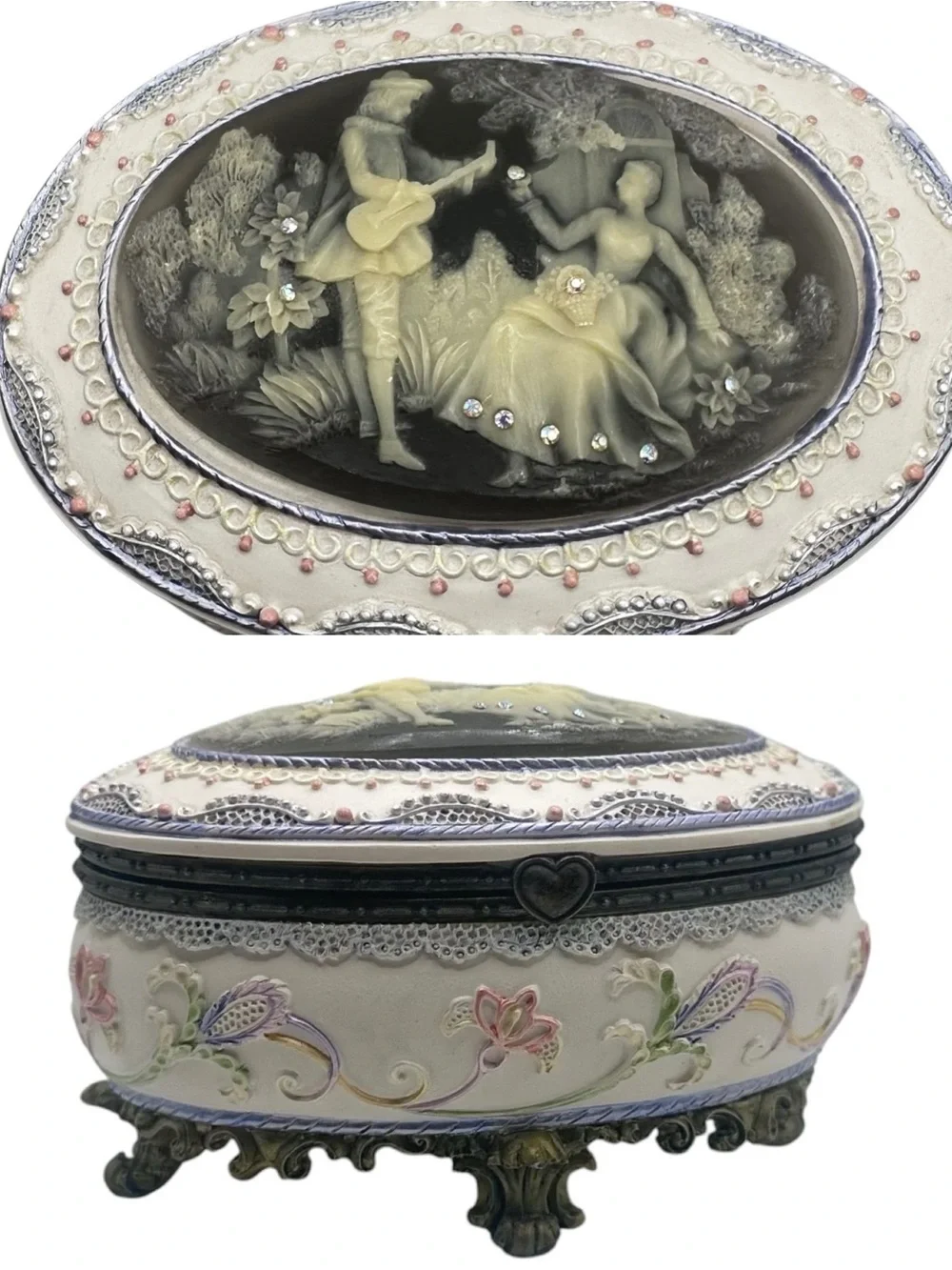 Vintage-Inspired Oval Trinket Music Jewelry Box with Cameo Scene - Cream & Black